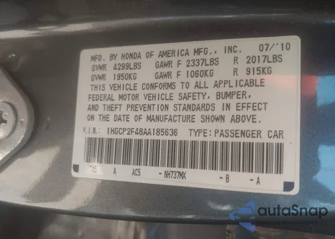 2010 Honda Accord 2.4 Lx-P z USA, uszkodzony, nr VIN 1HGCP2F48AA185636